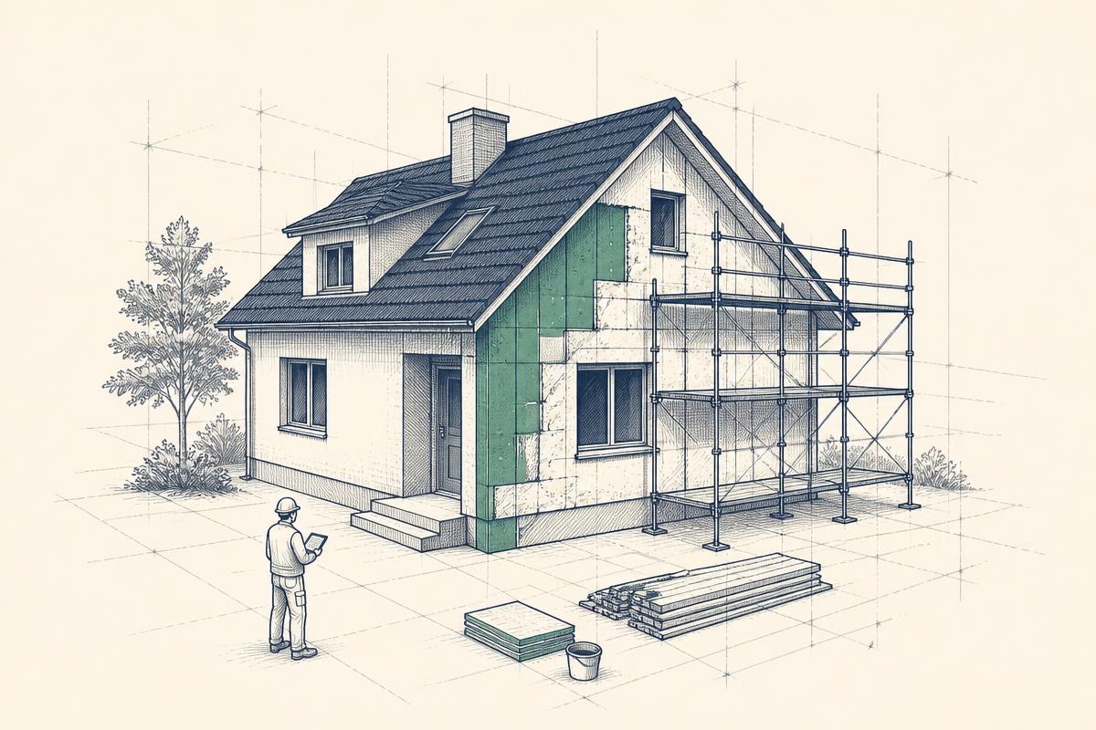 Handwerker mit Tablet inspiziert die Fassade eines Einfamilienhauses im Bauplan-Stil