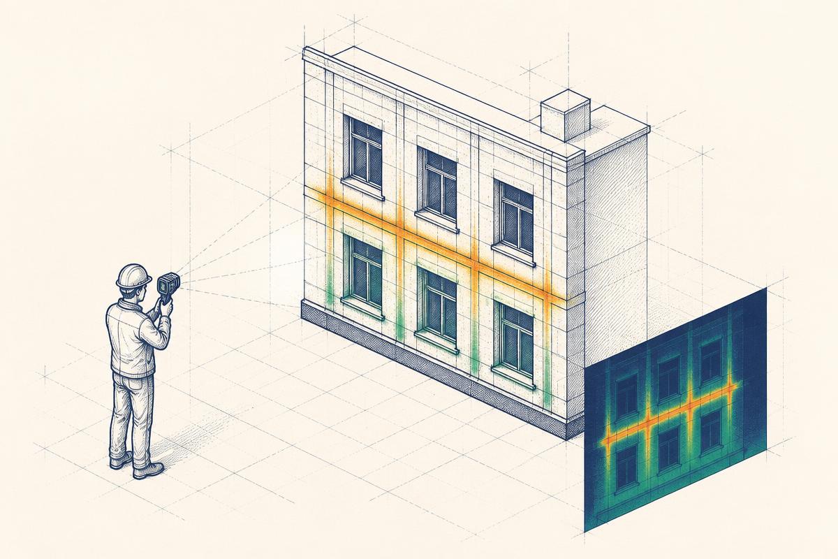 Ingenieurin mit Thermografie-Kamera vor einem Bürogebäude im Bauplan-Stil